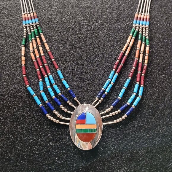 Vintage 5 Strand Liquid Silver with Multi Stone Inlaid Necklace - 16 inches - Picture 3 of 10